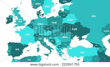 Political map of Europe and Caucasian region in shades of green on white background. Simple flat vector illustration.