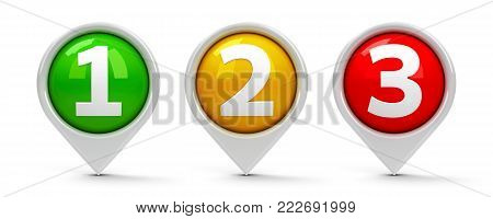 Map pointers with numbers 1, 2, 3 (one, two, three) isolated on white background, three-dimensional rendering, 3D illustration