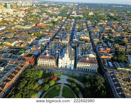 Aerial Jackson Square Saint Louis Cathedral Church In New Orleans, Louisiana