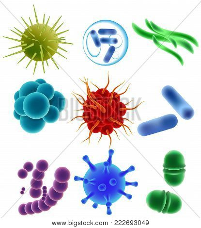 Various viruses, bacteria and germs icon set. Vector realistic illustration of different types of microorganisms, microscopic viruses of various color and shape isolated on white background.