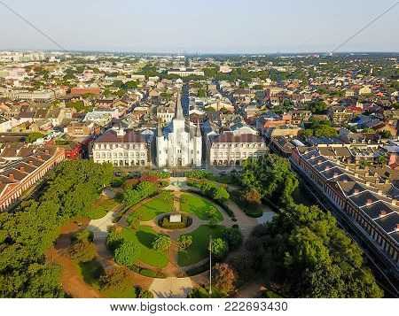 Aerial Jackson Square Saint Louis Cathedral Church In New Orleans, Louisiana