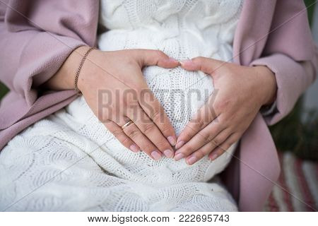 Mother's hands in a shape of heart holding a belly. Close up pregnant woman's belly. Prenancy and maternity concept. Development of pregnancy and fetus. Mother and baby concept.
