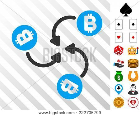 Bitcoin Mixer Swirl icon with bonus gambling symbols. Vector illustration style is flat iconic symbols. Designed for gambling websites.