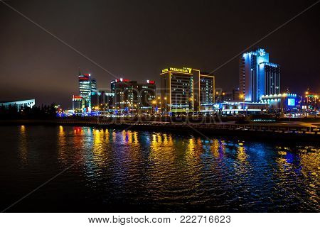 Minsk, Pobediteley ave., night houses for lighting, Belarus, January 4, 2018, editorial