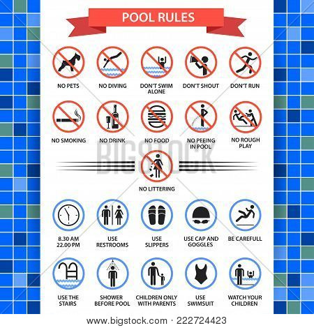 Pool rules poster. Swimming pool safety inspectors guide, rules of conduct and instructions. Vector flat style cartoon illustration isolated on white background