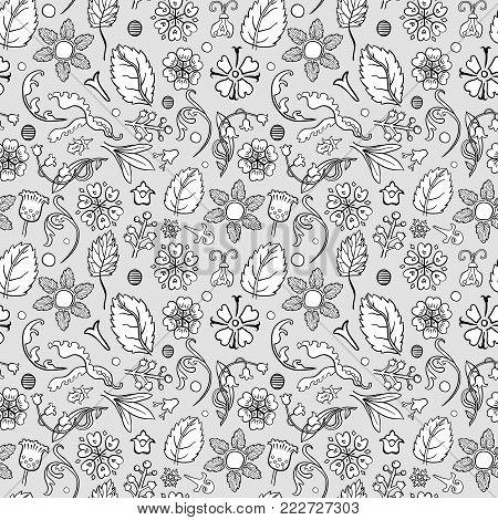 Floral hand drawn vector pattern. Black and white seamless background