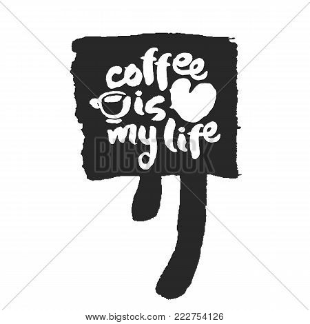 Coffee Is My Life. Hand written ink and brush calligraphy lettering on speechbubble. Black on white background. Clipping paths included.