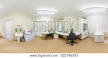 GRODNO, BELARUS - APRIL 20, 2017: 360 panorama view in modern medical laboratory, equipment for analysis. Full 360 by 180 degrees panorama in equirectangular spherical projection, skybox VR content