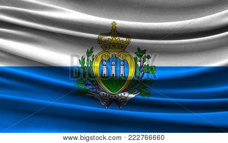 Realistic flag of San marino on the wavy surface of fabric. This flag can be used in design