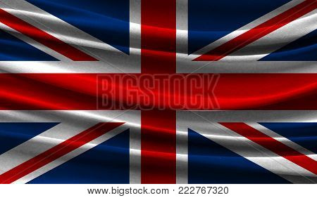 Realistic flag of United Kingdom on the wavy surface of fabric. This flag can be used in design