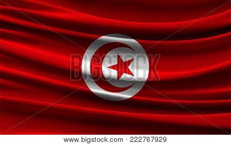 Realistic flag of Tunisia on the wavy surface of fabric. This flag can be used in design