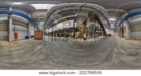 GRODNO, BELARUS - OCTOBER 10, 2017: 360 panorama view in modern waste hazardous recycling plant and storage. Full 360 by 180 degrees panorama in equirectangular spherical projection, skybox VR content