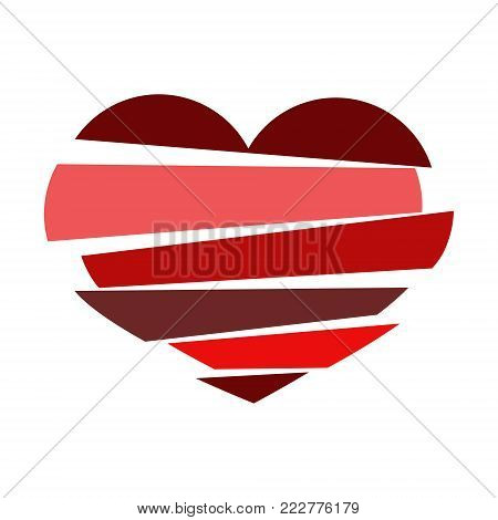 Stripes broken heart  in different tones of red on white background. Could be used as icon, sign, symbol, flag, sticker, badge. Vector icon. Stock clipart.