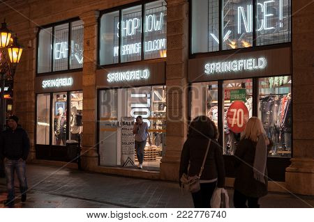 Budapest, HUNGARY - Jan 19 2018: Springfield shop front in Budapest. Grupo Cortefiel is one of Europe's leading fashion retailers. They brand are Springfield.