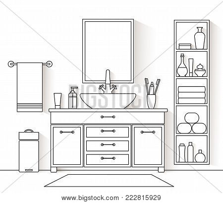 Vector interior in a linear style. Illustration of a bathroom with furniture and equipment. Outline restroom.