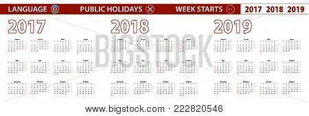 2017, 2018, 2019 year vector calendar in Azerbaijani language, week starts on Sunday.
