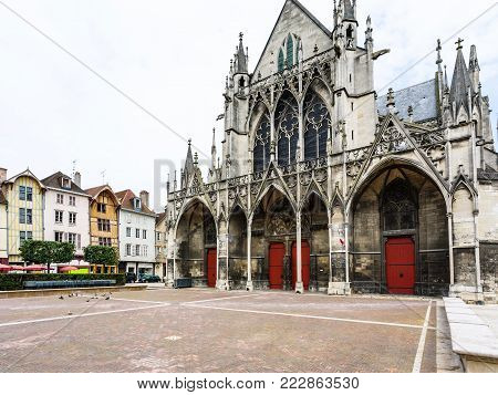 travel to France - square Place Vernier and west facade of Basilique Saint-Urbain de Troyes (Basilica of Saint Urban of Troyes)