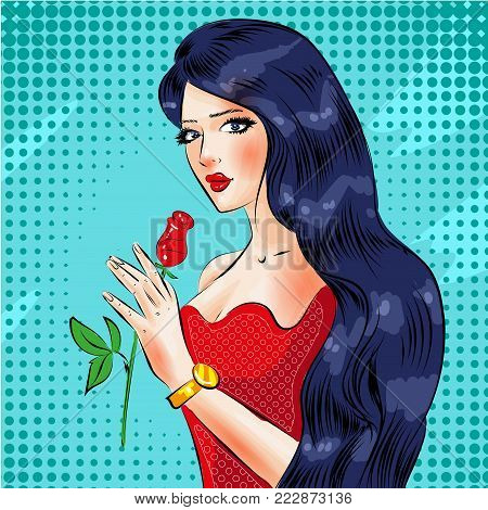 Vector illustration of beautiful young woman with red rose. Sexy pin-up girl in retro pop art comic style.