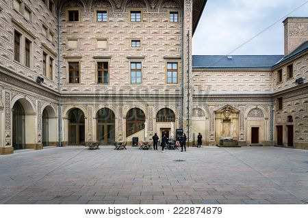 Prague, Czech Republic - December 2017: Schwarzenberg Palace Courtyard in Prague. Schwarzenberg Palace is the national gallery in Prague and a tourist attraction.