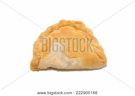 close up of curry puff on white background