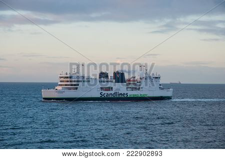 Fehmarn Belt Germany - January 2. 2018: Scandlines Ferry Deutschland Sailing In Fehmarn Belt