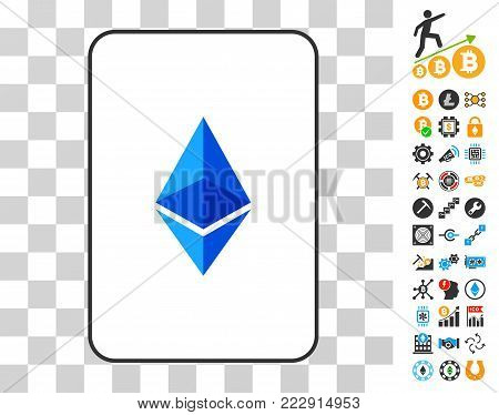 Ethereum Lite gambling card pictogram with additional bitcoin mining and blockchain pictographs. Flat vector style for cryptocurrency websites.