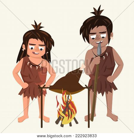 family of cavemen roasts meat at stake  - funny vector cartoon illustration on white background