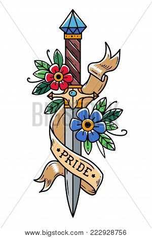 Vector tattoo dagger with flowers and ribbon. Ancient oriental dagger decorated with large sapphire. Ribbon with lettering PRIDE wraps around dagger. Old school style. Traditional Tattoo Design