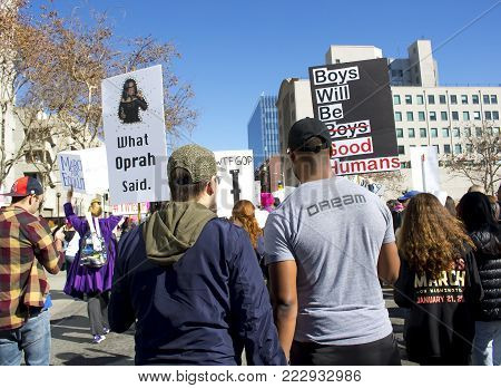 Los Angeles, California - January 20, 2018.  Women's March in the streets of Los Angeles.