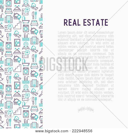 Rea estate concept with thin line icons: apartment house, bedroom, keys, elevator, swimming pool, bathroom, facilities. Modern vector illustration for web page, print media.