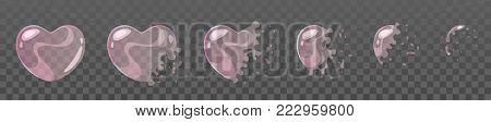 Vector cartoon style set of game soap heart shape pink bubble burst sprites for animation. Game user interface (GUI) element for video games, computer or web design.