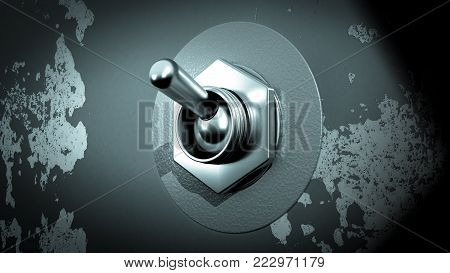 3D illustration of a chrome flip switch, in the up position and facing left, on a stressed background wall.
