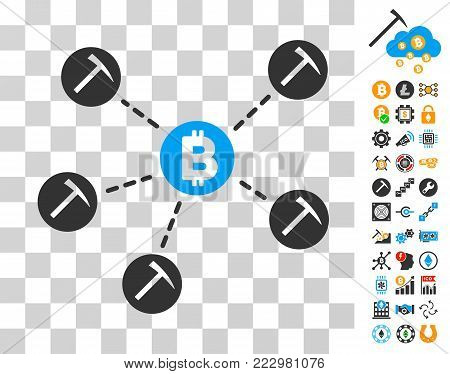 Bitcoin Mining Pool icon with bonus bitcoin mining and blockchain pictographs. Vector illustration style is flat iconic symbols. Designed for bitcoin ui toolbars.