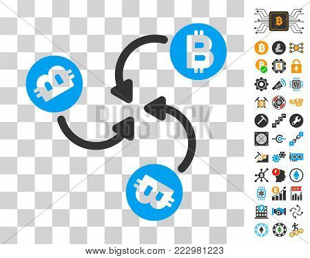 Bitcoin Mixer Swirl icon with bonus bitcoin mining and blockchain symbols. Vector illustration style is flat iconic symbols. Designed for crypto-currency websites.