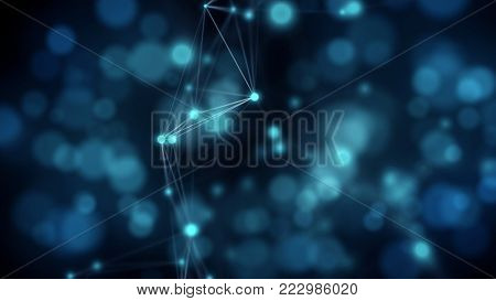 Blue abstract background: plexus connected lines with defocused lights in the background. Science, engineering and technology theme. Depth of field settings. 3D rendering