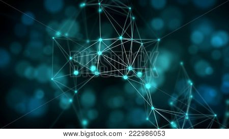 Blue abstract background: plexus connected lines with defocused lights in the background. Science, engineering and technology theme. Depth of field settings. 3D rendering