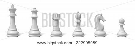 3d rendering of all six different chess pieces of black color standing in line. Chess set. Games and recreation. Major and minor pieces.