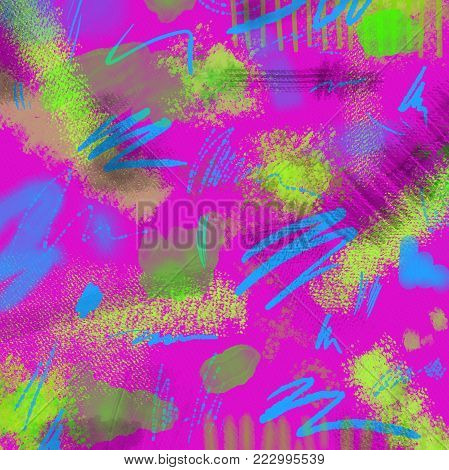 Abstract Neon geometrical 80s and 90s hand draw glamour pattern with neons colors. Neon Watercolor brush paint glam pattern for girls. Modern retro neon pattern with watercolor lines, dots. Glamour neon background.