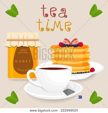 Vector icon illustration logo for white ceramic cup, whole jar honey, pancake, teacup on saucer. Teacup pattern consisting of tea brewed in porcelain cups, sweet pancakes. Drink hot teas from teacups.