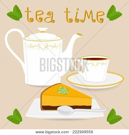 Vector illustration for ceramic cup, white teapot, teacup on saucer, slice pumpkin cheesecake. Teacup pattern of tea brewed in porcelain cups, teapot, cut cheesecakes, spoon.Teas in teacups of teapots