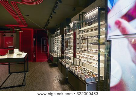 VERONA, ITALY - CIRCA MAY, 2019: glasses on display at Ray-Ban store in Verona.
