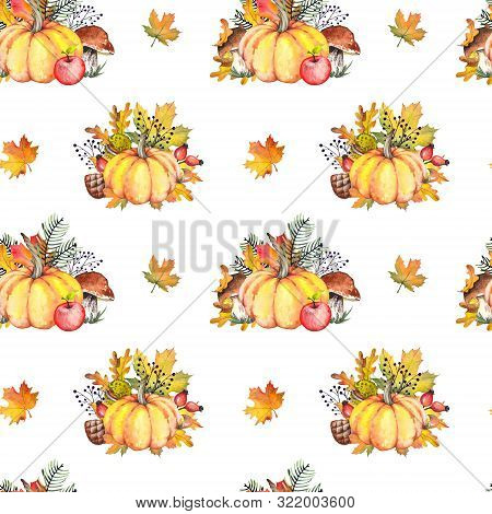 Seamless Pattern With Orange Pumpkins Over Beautiful Bright Autumnal Nature Background. Autumn Thank