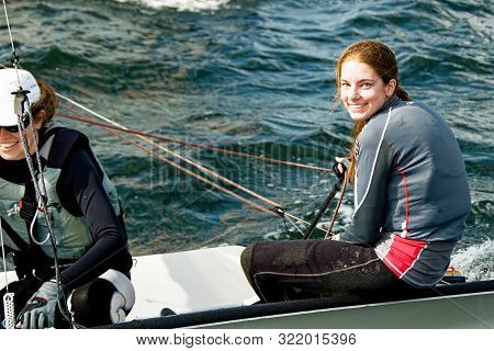 Lake Macquarie, Australia - April 16, 2013: Children Sailing Under Supervision In The Australian Hig