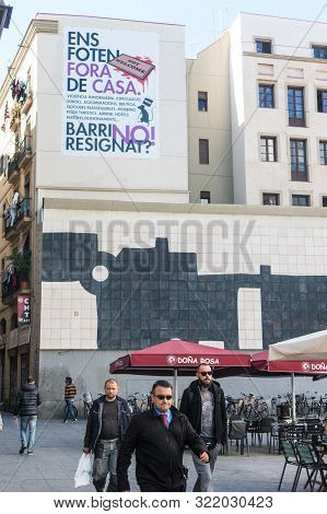 Barcelona, Spain - March 21, 2019: Walkers In Los Angeles Square, Center Of The Raval Neighborhood I