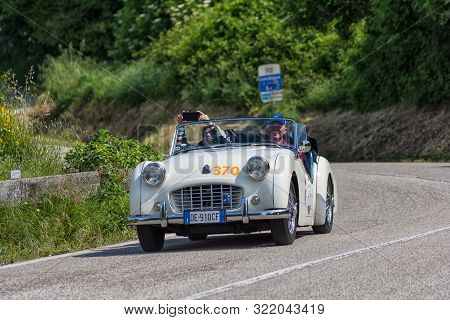 Pesaro Colle San Bartolo , Italy - May 17 - 2018 : Triumph Tr 3 Sports 1956 On An Old Racing Car In 