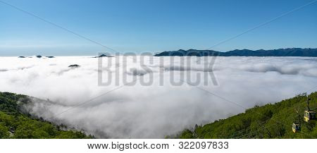 Sea Of Clouds. Panorama View From Unkai Terrace In Summer Time Sunny Day. Take The Cable Car At Toma