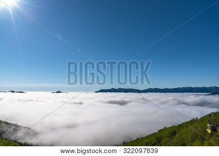 Sea Of Clouds. Panorama View From Unkai Terrace In Summer Time Sunny Day. Take The Cable Car At Toma