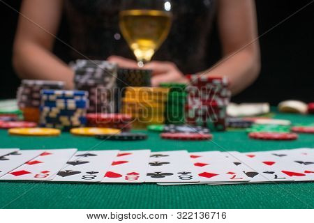 Close-up Cards For Playing Poker On A Gaming Table In A Casino A