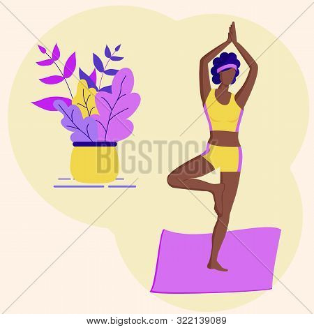 Trendy Concept Of Fitness Class And Diversity:cute Black Girl Standing In Yoga Tree Pose.flat Funky 