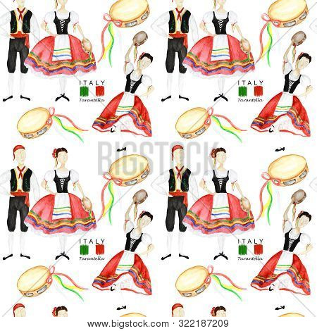 Seamless Pattern Dancers In National Costume An Italian Tarantella With A Tambourine On White Backgr